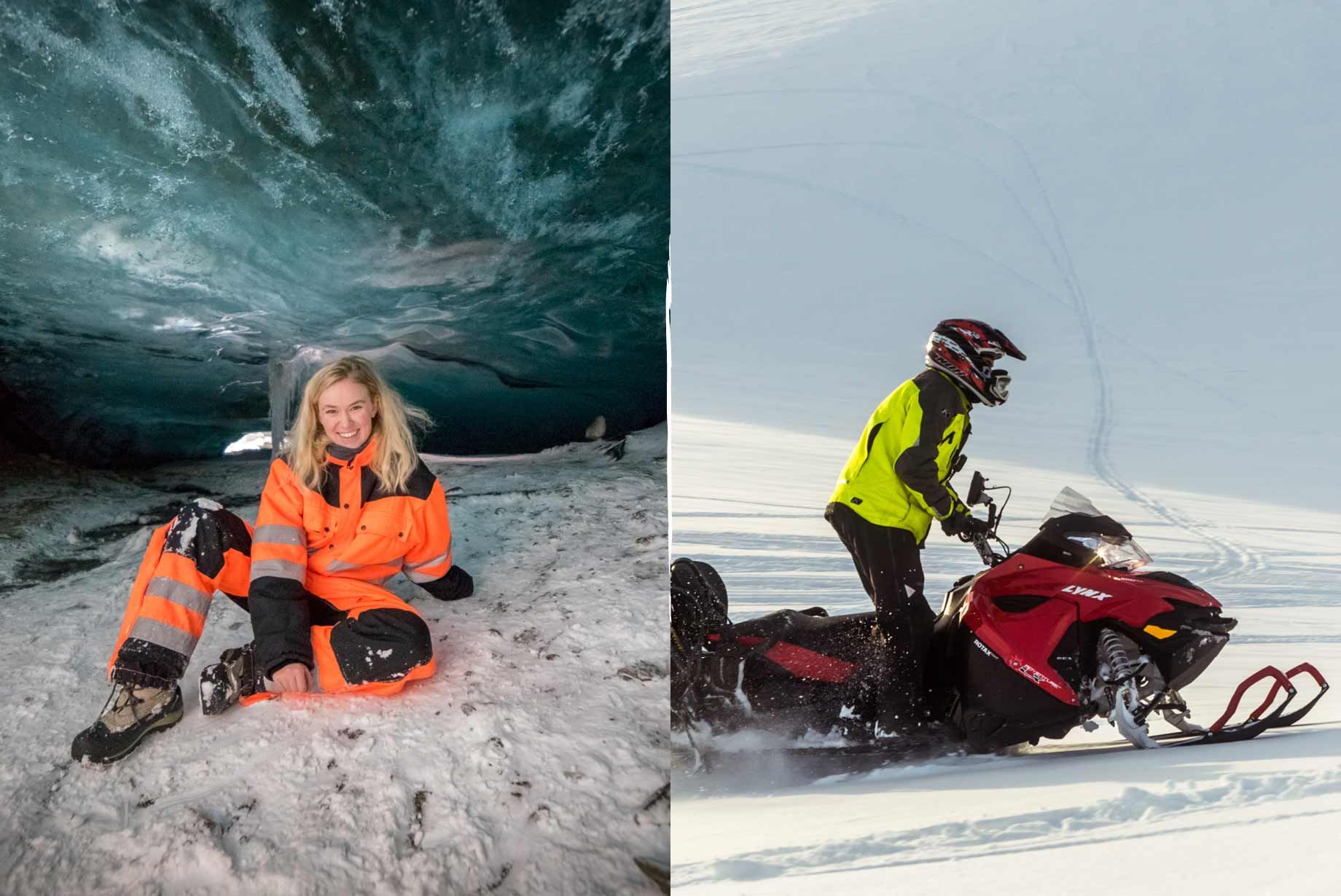 Cueva de Hielo Cristalina y moto de nieve