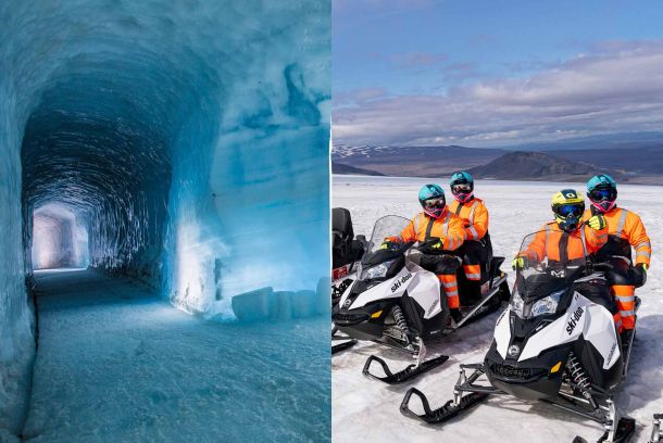Dentro del Glaciar y moto de nieve